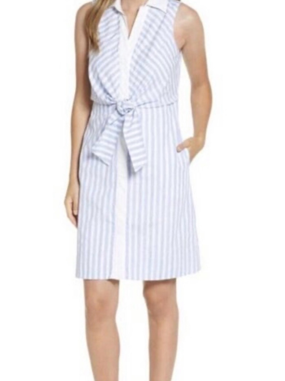 Eliza J Blue and White Striped Sleeveless Tie-Waist Shirt Dress
